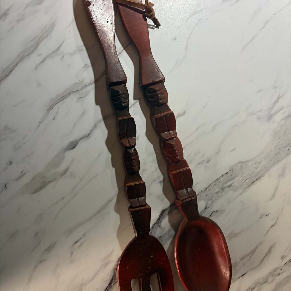 Vintage Hand Carved Tiki Totem Wooden Fork and Spoon Wall Art Set